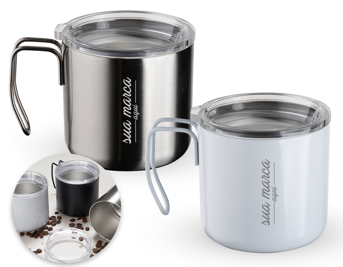 Caneca 350 ml parede dupla em Inox, com pegador de inox, contém tampa transparente com compartimento para beber.