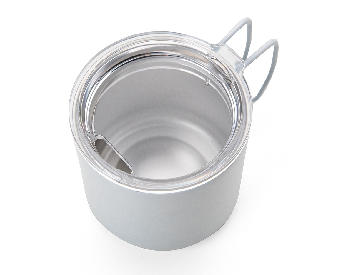 Caneca 350 ml parede dupla em Inox, com pegador de inox, contém tampa transparente com compartimento para beber.