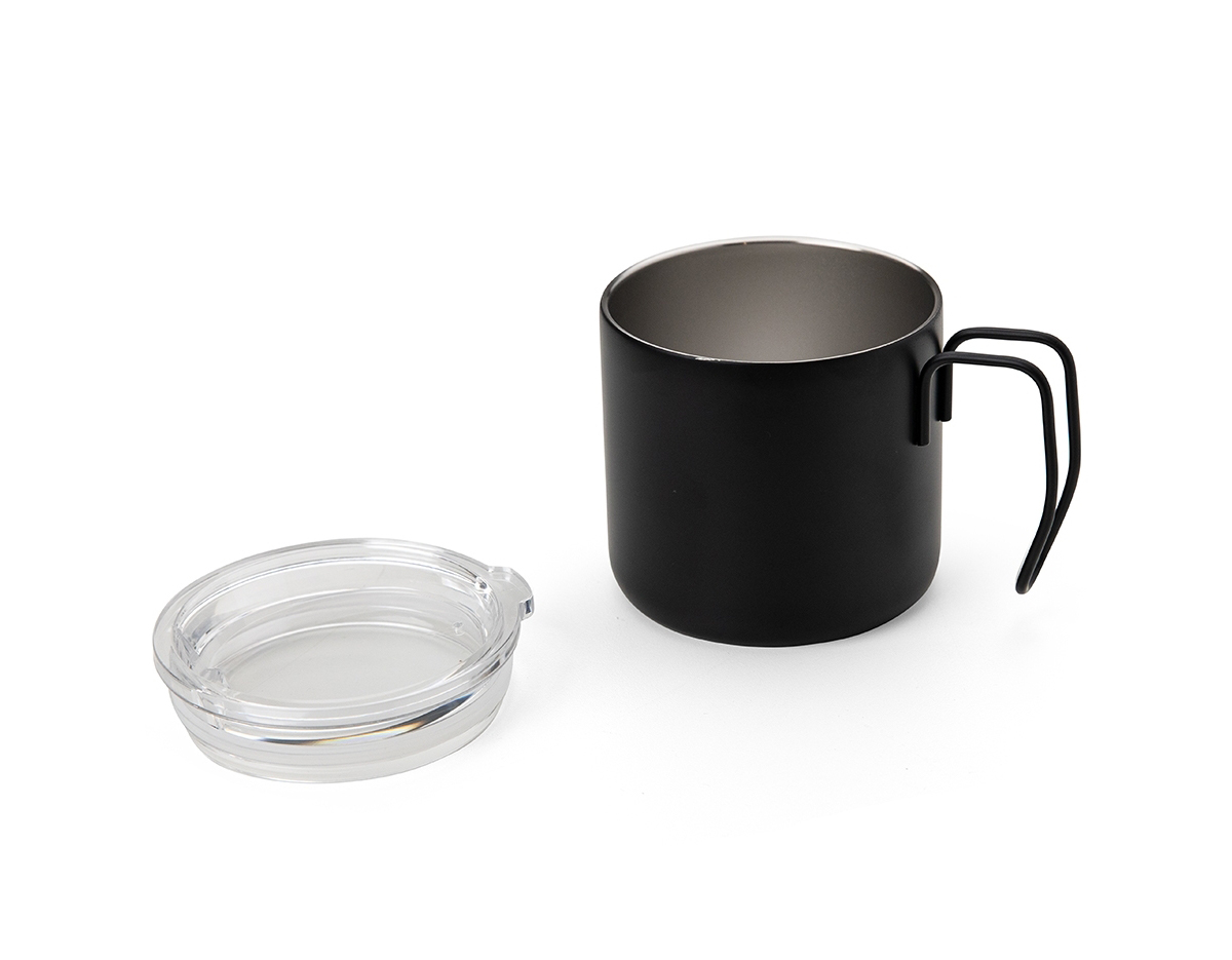 Caneca 350 ml parede dupla em Inox, com pegador de inox, contém tampa transparente com compartimento para beber.