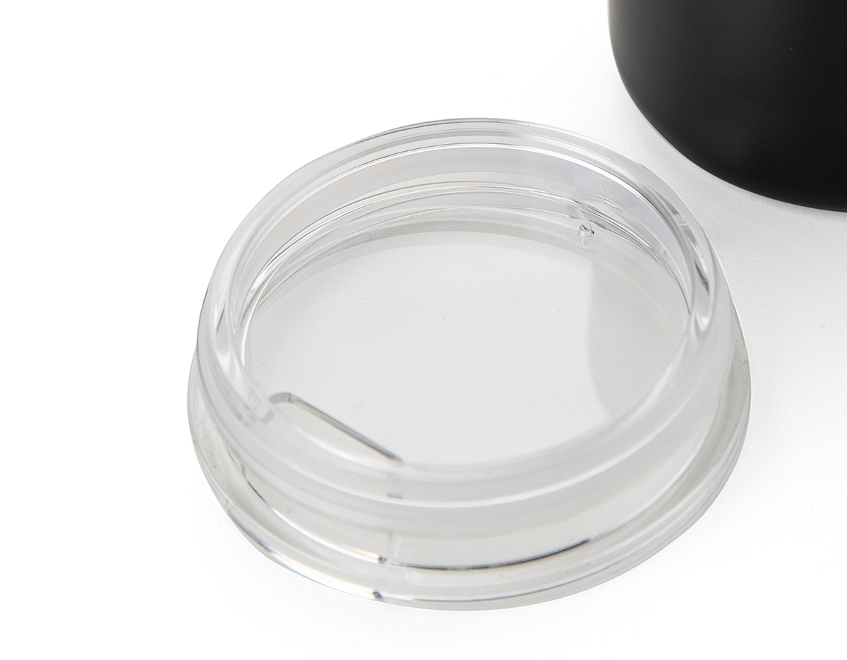 Caneca 350 ml parede dupla em Inox, com pegador de inox, contém tampa transparente com compartimento para beber.