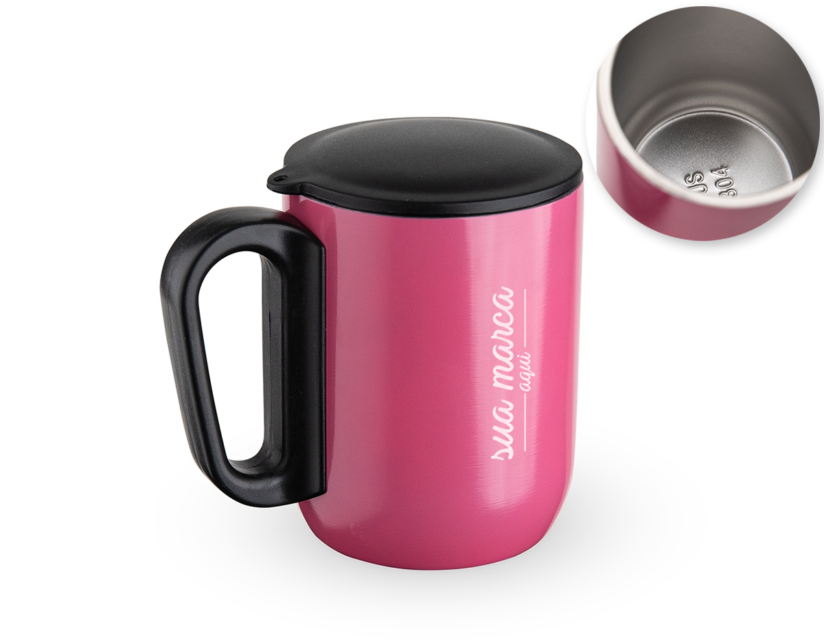 Caneca 250 ml parede dupla em Inox, com pegador de plástico, contém tampa plástica para vedação e base com EVA antiderrapante.