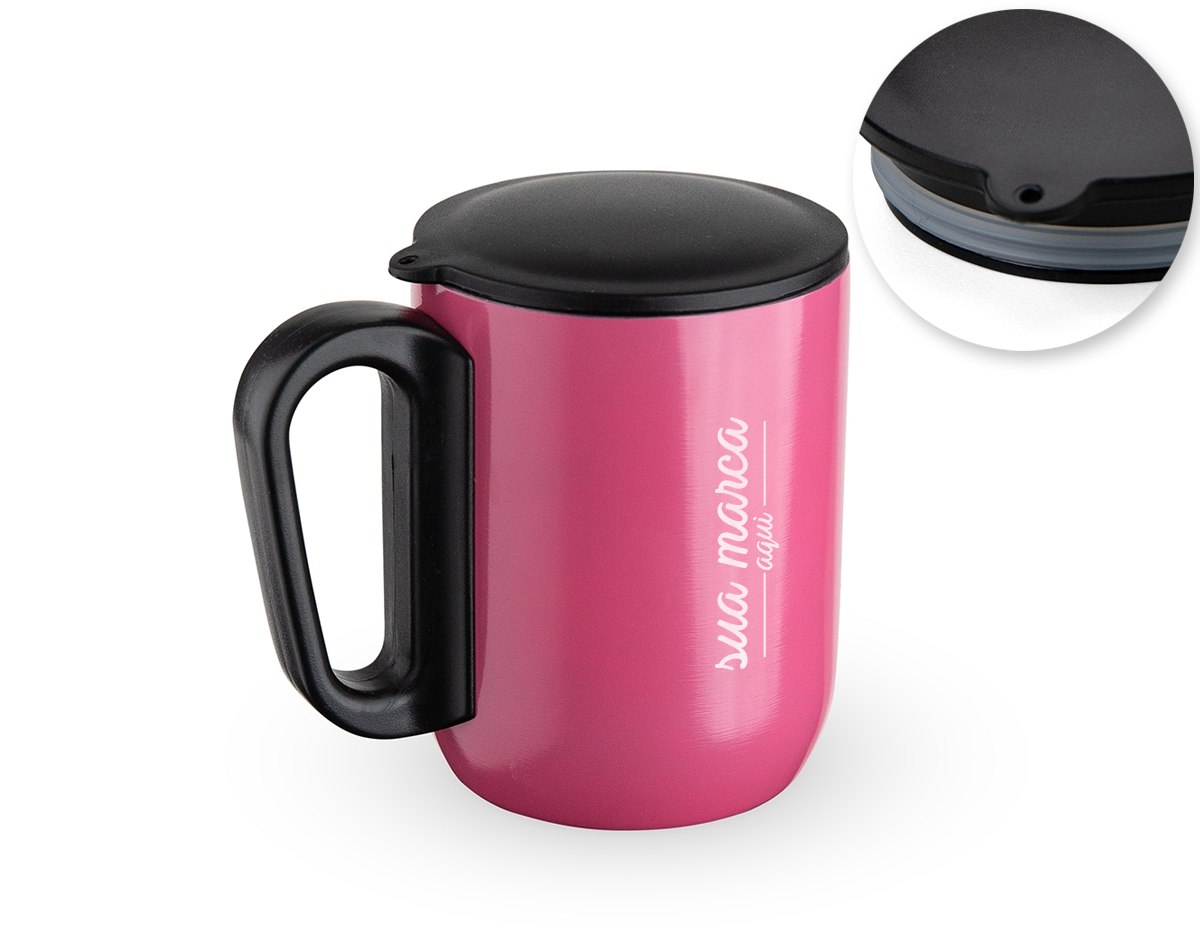 Caneca 250 ml parede dupla em Inox, com pegador de plástico, contém tampa plástica para vedação e base com EVA antiderrapante.