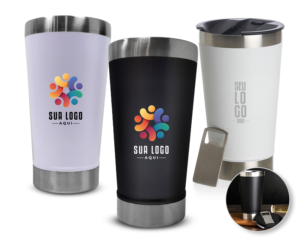 Copo Térmico Inox 500ml com tampa e abridor. Material livre de BPA