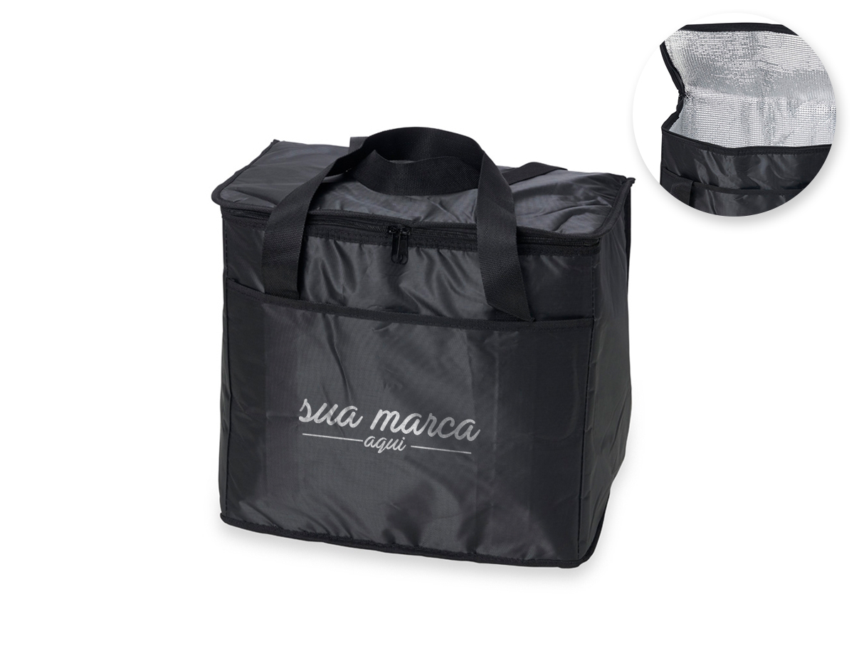 Bolsa térmica de poliéster com capacidade de 36 litros, contém área interna com revestimento térmico aluminizado, bolso frontal externo e alças de mãos para transporte.