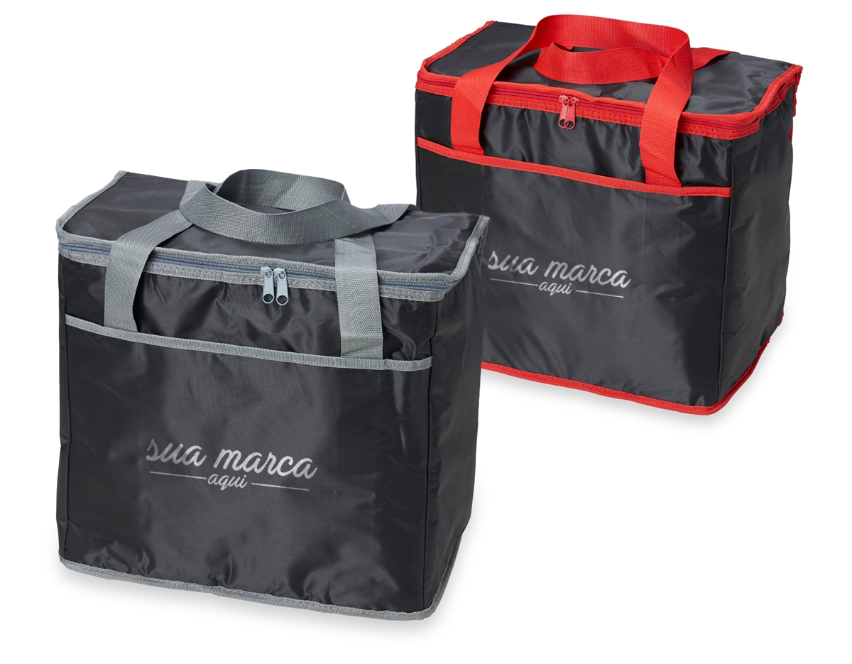Bolsa térmica de poliéster com capacidade de 36 litros, contém área interna com revestimento térmico aluminizado, bolso frontal externo e alças de mãos para transporte.