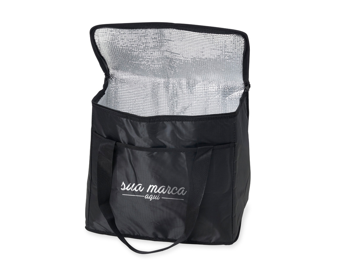 Bolsa térmica de poliéster com capacidade de 36 litros, contém área interna com revestimento térmico aluminizado, bolso frontal externo e alças de mãos para transporte.