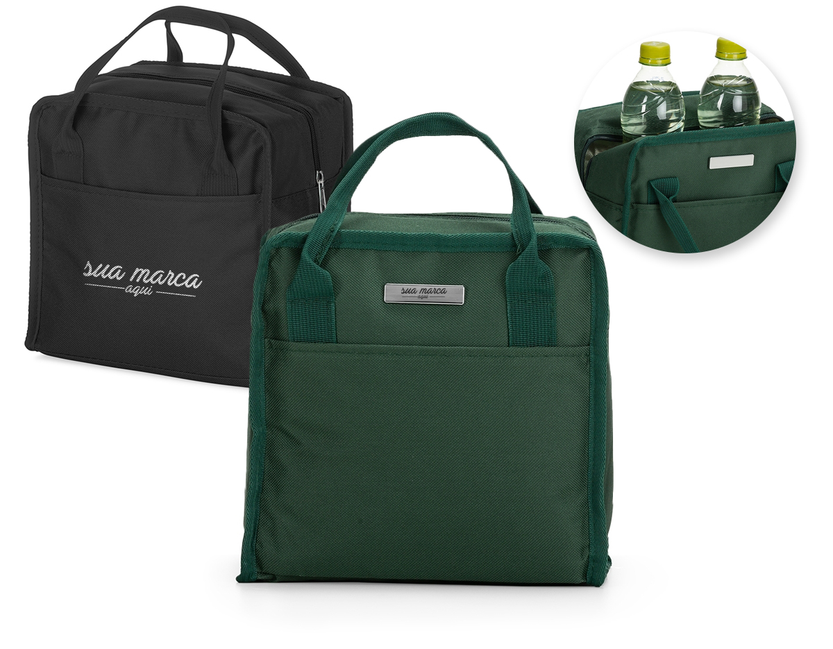 Bolsa térmica 7 litros em nylon com dois bolsos externos nas laterais, alça para mãos e revestimento interno térmico.