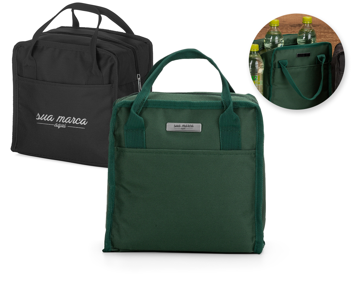 Bolsa térmica 7 litros em nylon com dois bolsos externos nas laterais, alça para mãos e revestimento interno térmico.