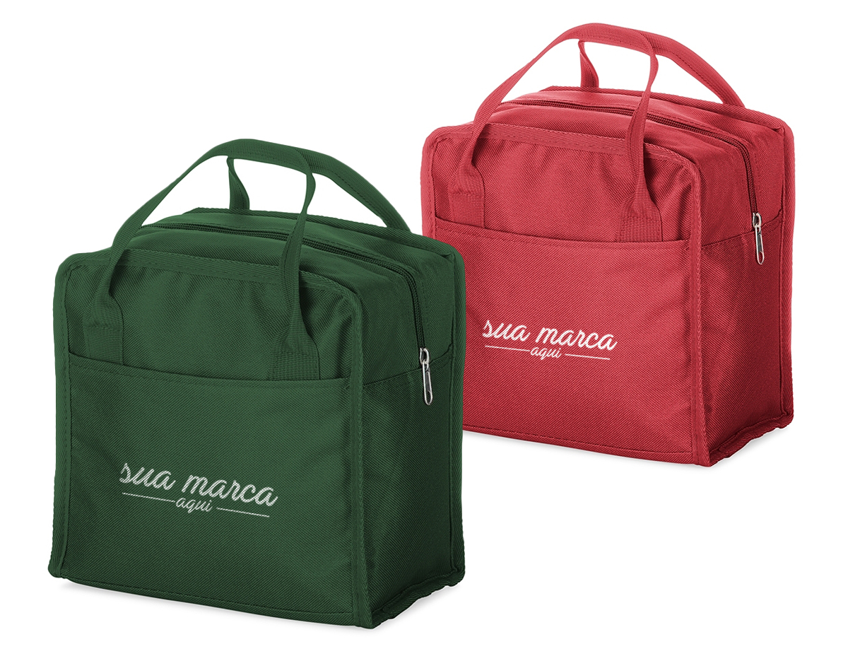 Bolsa térmica 7 litros em nylon com dois bolsos externos nas laterais, alça para mãos e revestimento interno térmico.