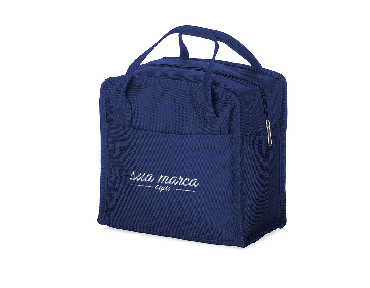 Bolsa térmica 7 litros em nylon com dois bolsos externos nas laterais, alça para mãos e revestimento interno térmico.