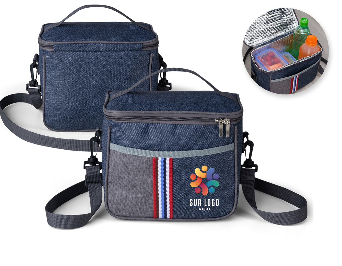 Bolsa térmica 7,3 litros em TNT com alça para mãos, revestimento interno de manta térmica.
