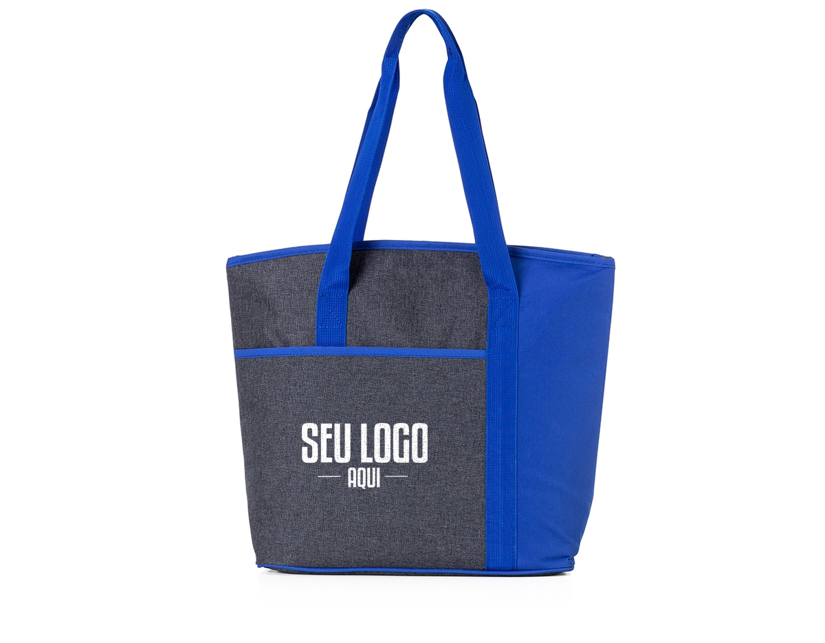 Bolsa térmica de poliéster com capacidade de 15 litros, contém área interna com revestimento PEVA, bolso frontal externo e alças de mãos para transporte