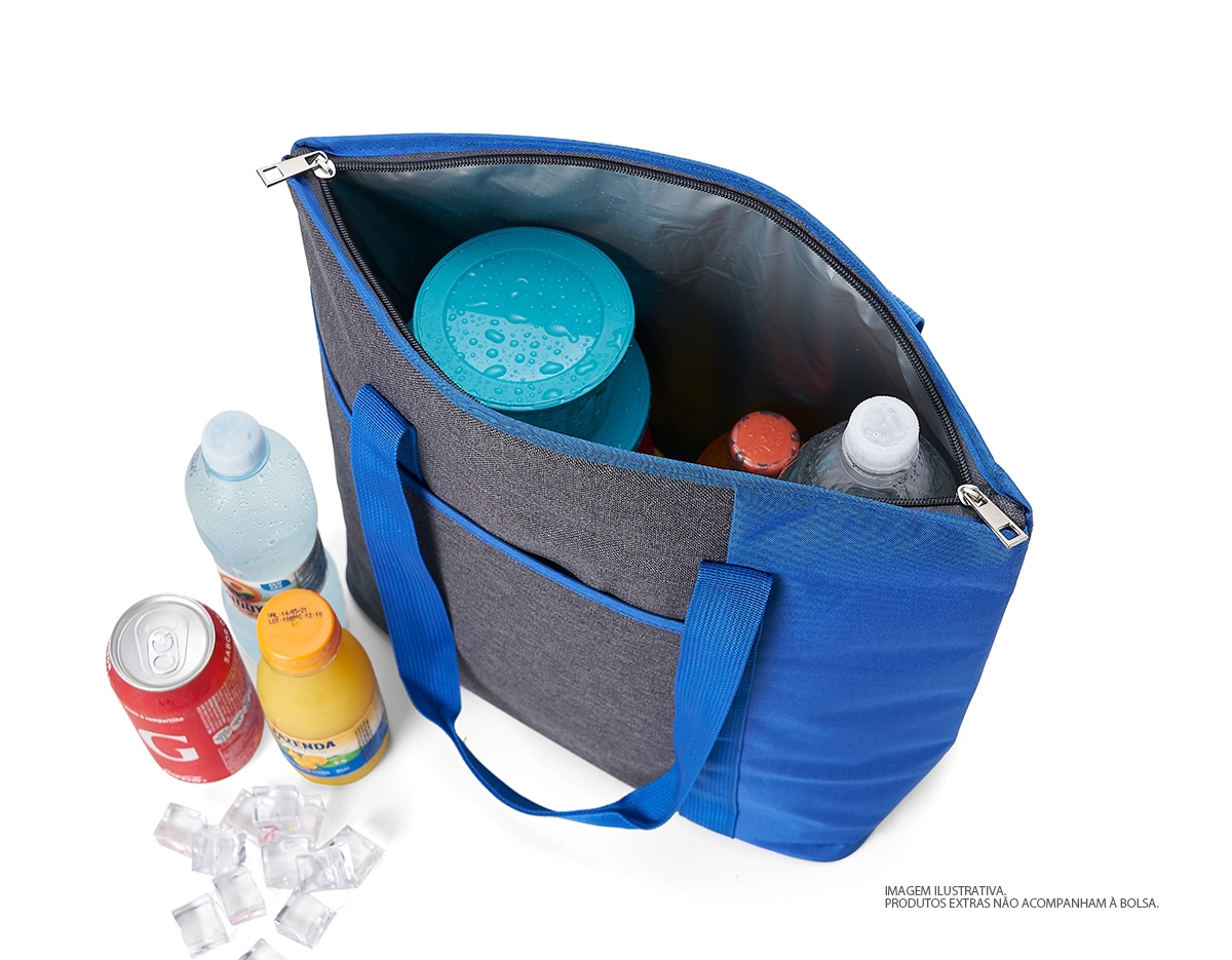 Bolsa térmica de poliéster com capacidade de 15 litros, contém área interna com revestimento PEVA, bolso frontal externo e alças de mãos para transporte