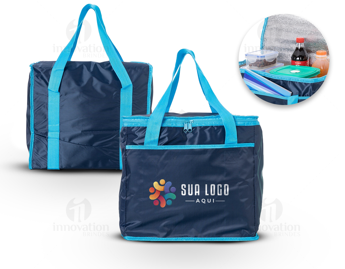 Bolsa térmica de poliéster com capacidade de 36 litros, contém área interna com revestimento térmico aluminizado, bolso frontal externo e alças de mãos para transporte.