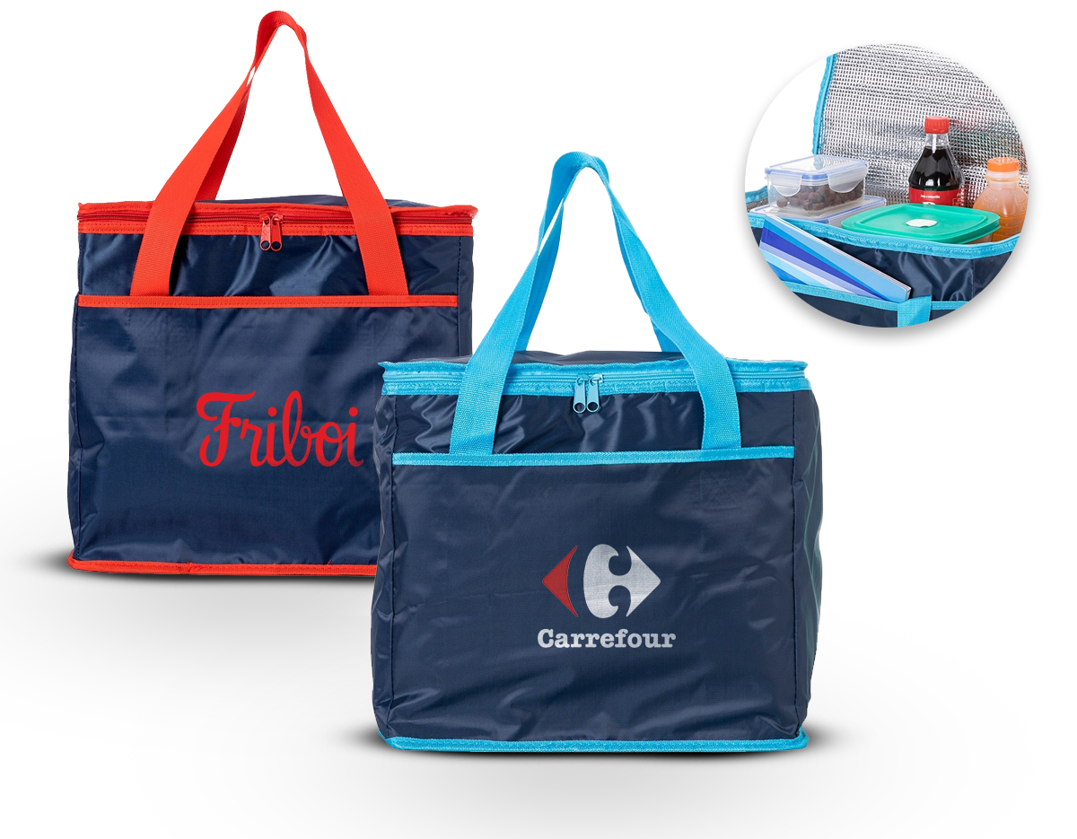 Bolsa térmica de poliéster com capacidade de 36 litros, contém área interna com revestimento térmico aluminizado, bolso frontal externo e alças de mãos para transporte.