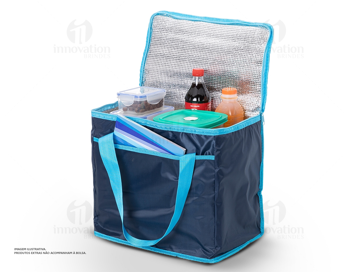 Bolsa térmica de poliéster com capacidade de 36 litros, contém área interna com revestimento térmico aluminizado, bolso frontal externo e alças de mãos para transporte.