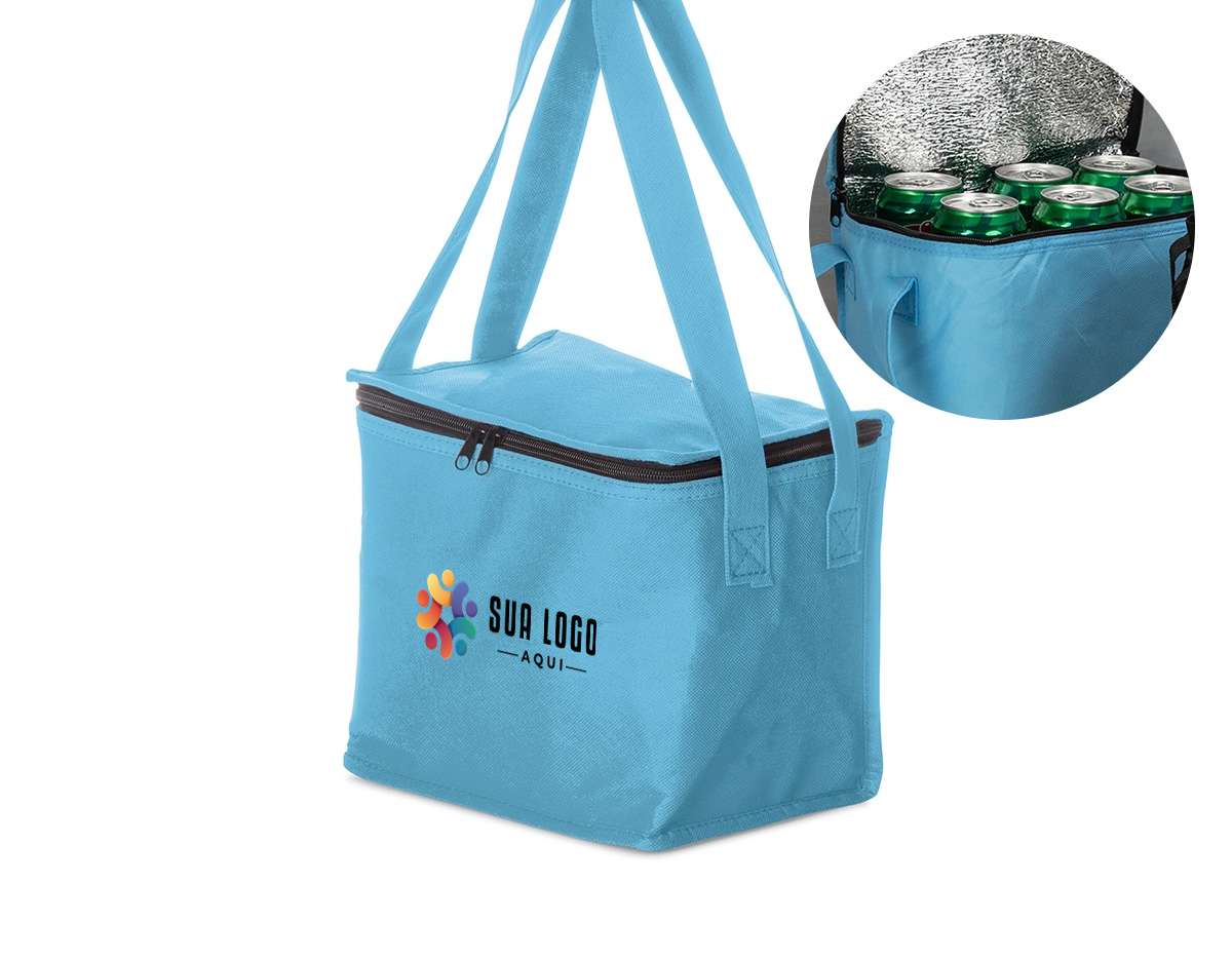 Bolsa térmica 8,5 litros em TNT com alças laterais para mãos, revestimento interno de manta térmica