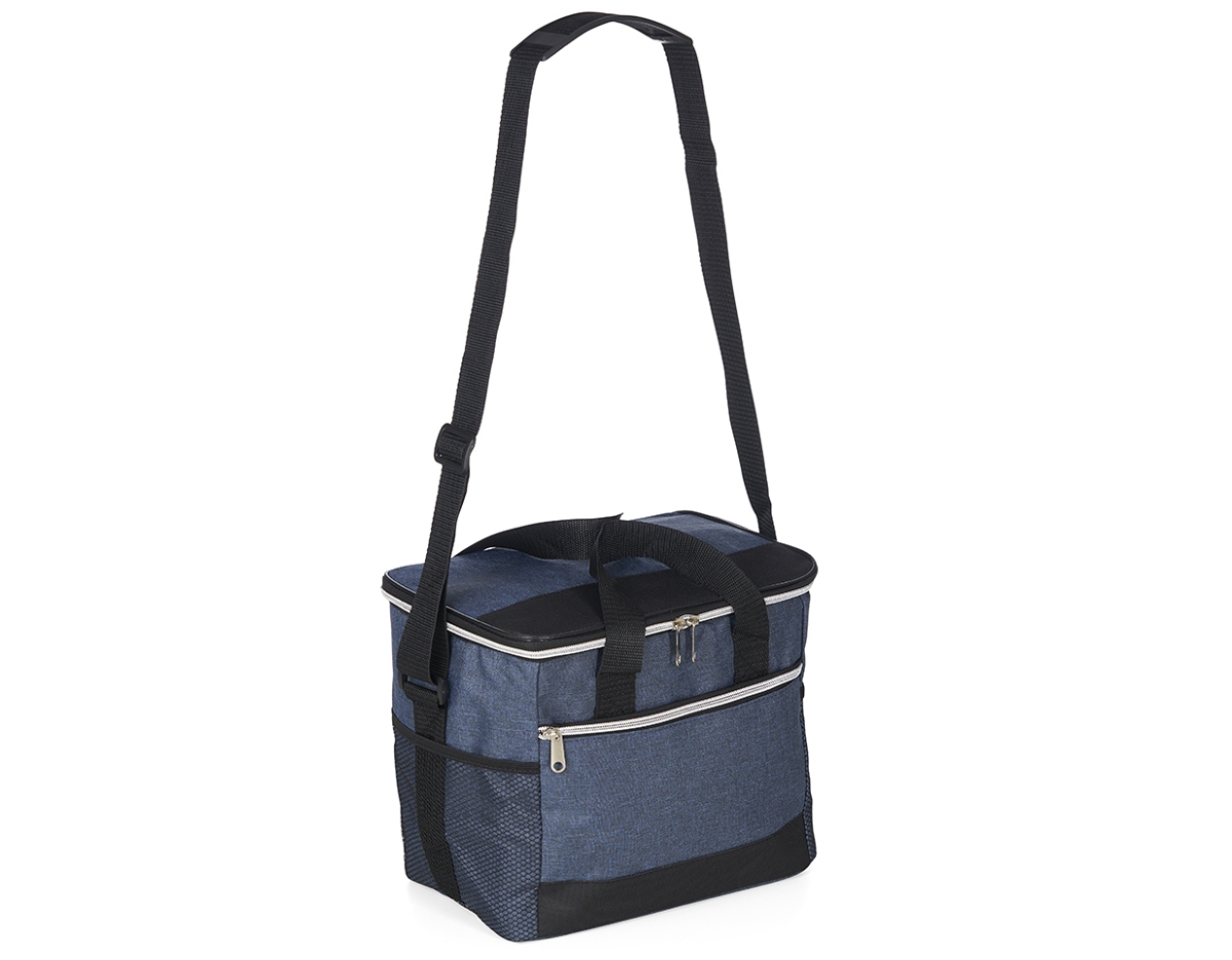 Bolsa térmica 18 litros. Contém bolso frontal com zíper, bolsos laterais telados, alça de mão em nylon e alça transversal regulável (não removível) com apoio para ombro.