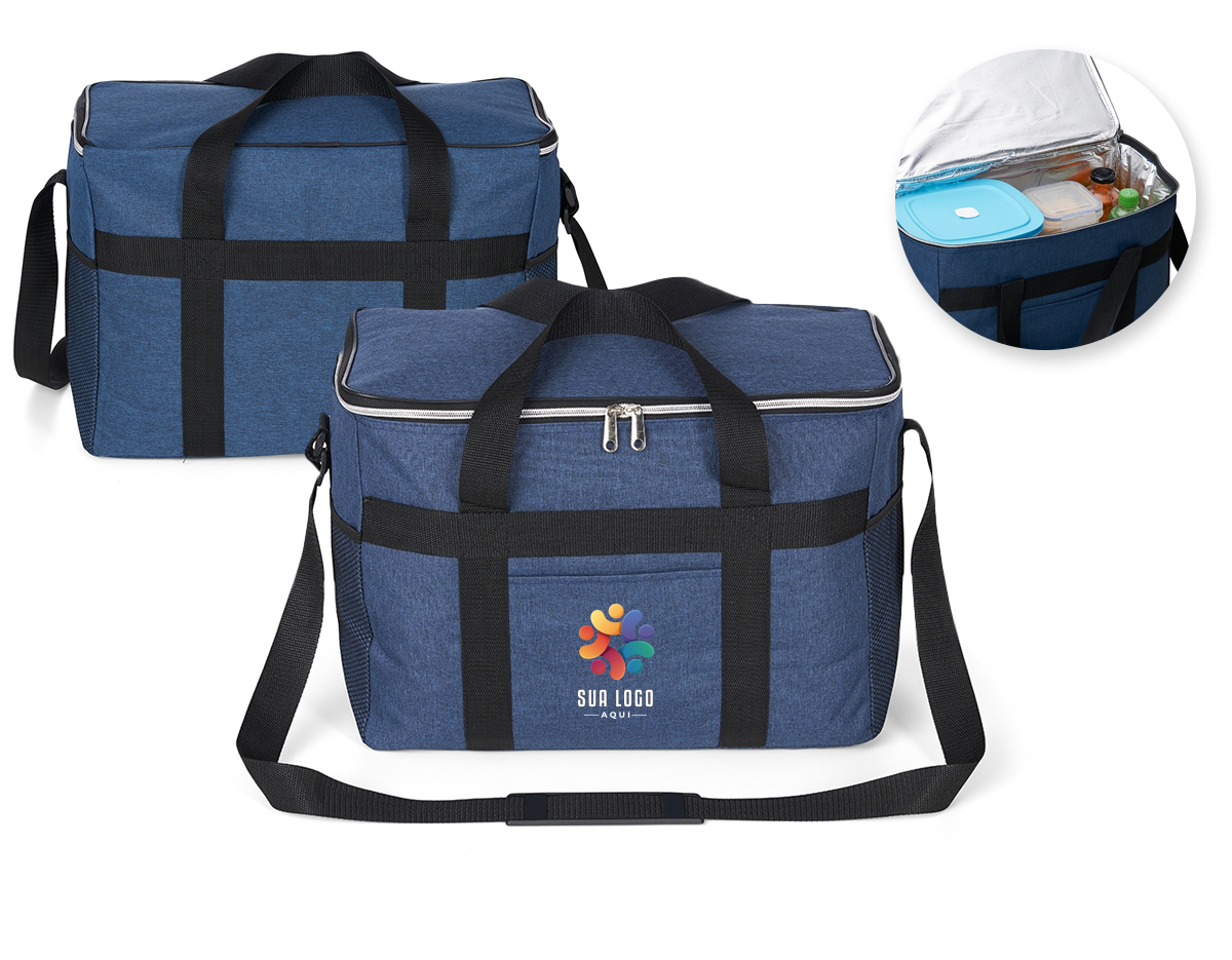 Bolsa térmica 33 litros. Contém bolso frontal, bolsos laterais telados, alça de mão em nylon e alça transversal regulável (não removível) com apoio para ombro.