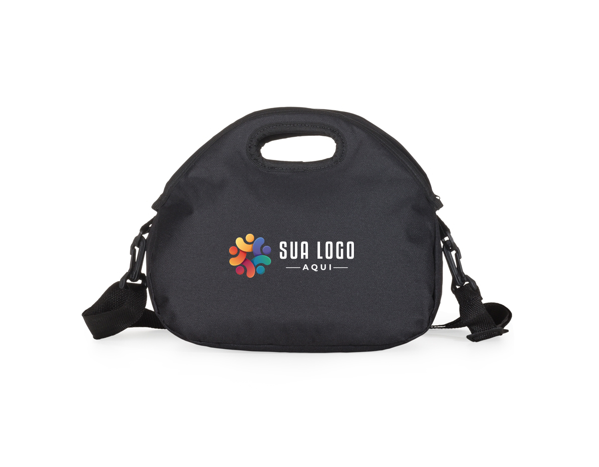 Bolsa térmica de mão com 8 litros, material externo de nylon. Acompanha plaquinha para personalização e alça com gancho para utilizar carregada ao corpo.