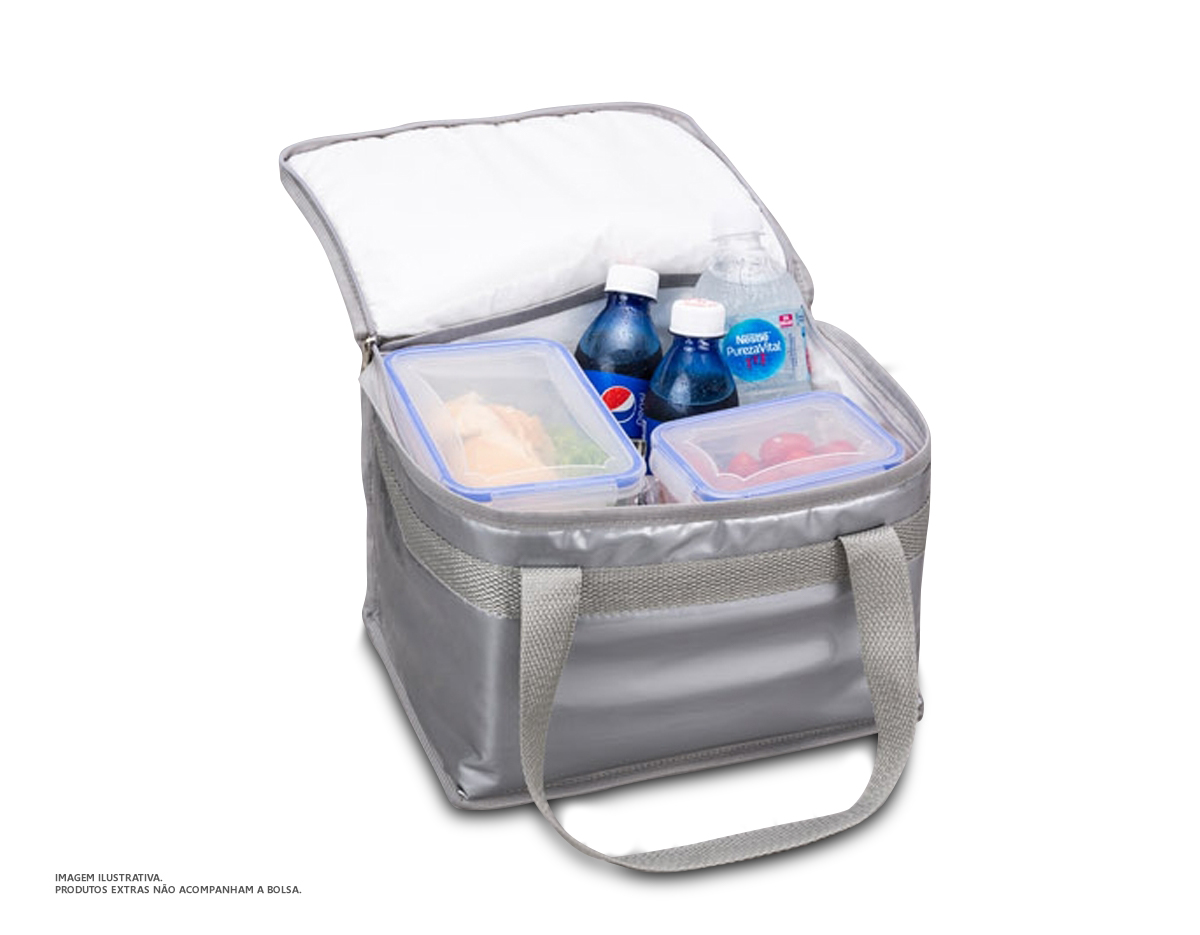 Bolsa térmica 13 litros confeccionada em pvc laminado, contém revestimento interno em polietileno atóxico soldado (não vaza) e alça para mãos em polipropileno.