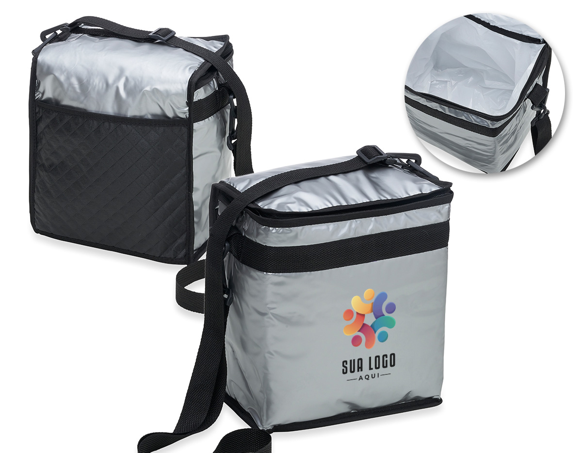 Bolsa térmica de pvc laminado com capacidade de 11 litros, contém revestimento interno em polietileno atóxico soldado (não vaza), bolso sintético externo de matelassê e alça tiracolo ajustável de polipropileno