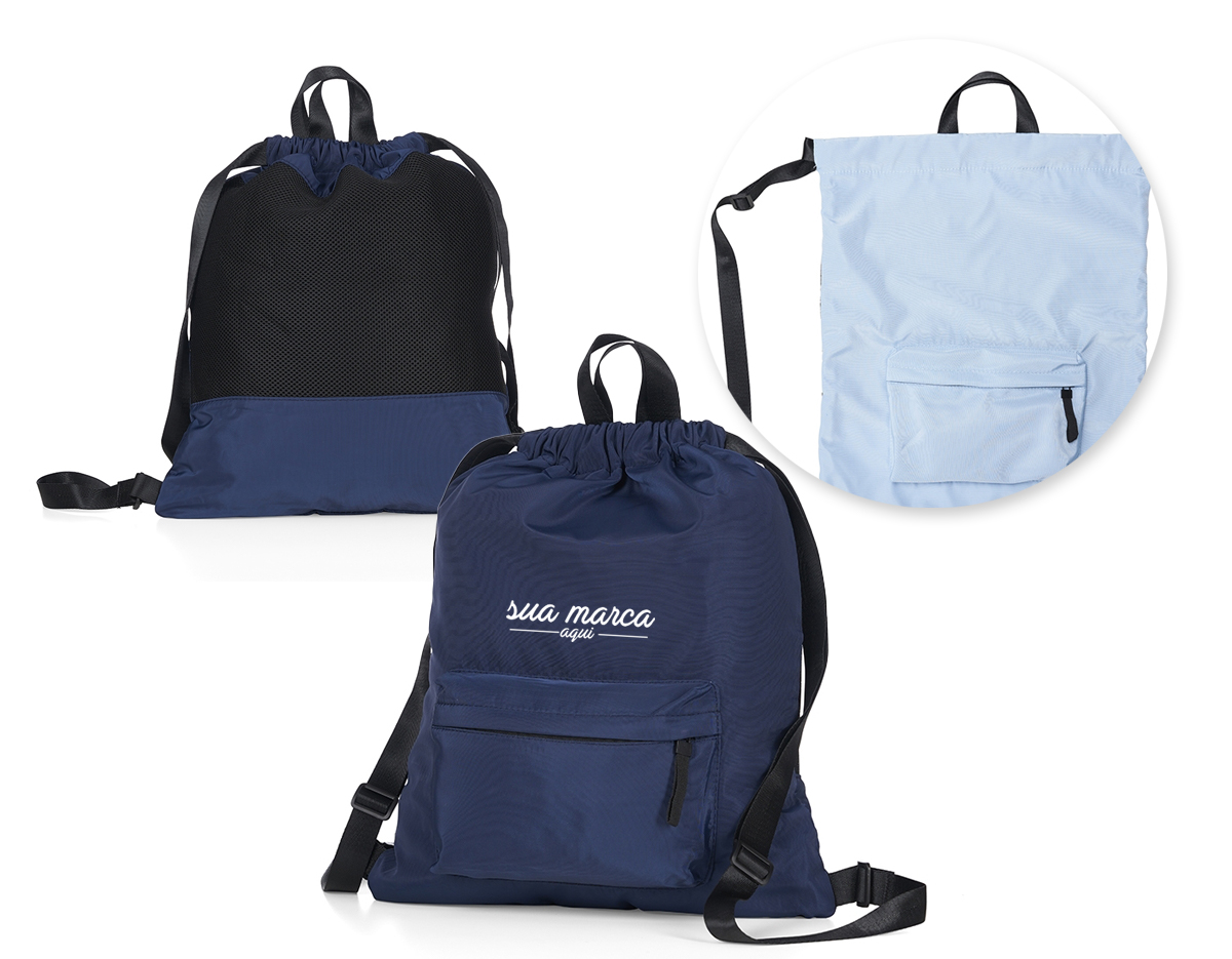 Mochila saco em poliéster com detalhes em nylon. Contém bolso de zíper na parte frontal, alça de mão e alças de nylon para as costas. Tecido resistente a água e parte traseira em material antitranspirante.