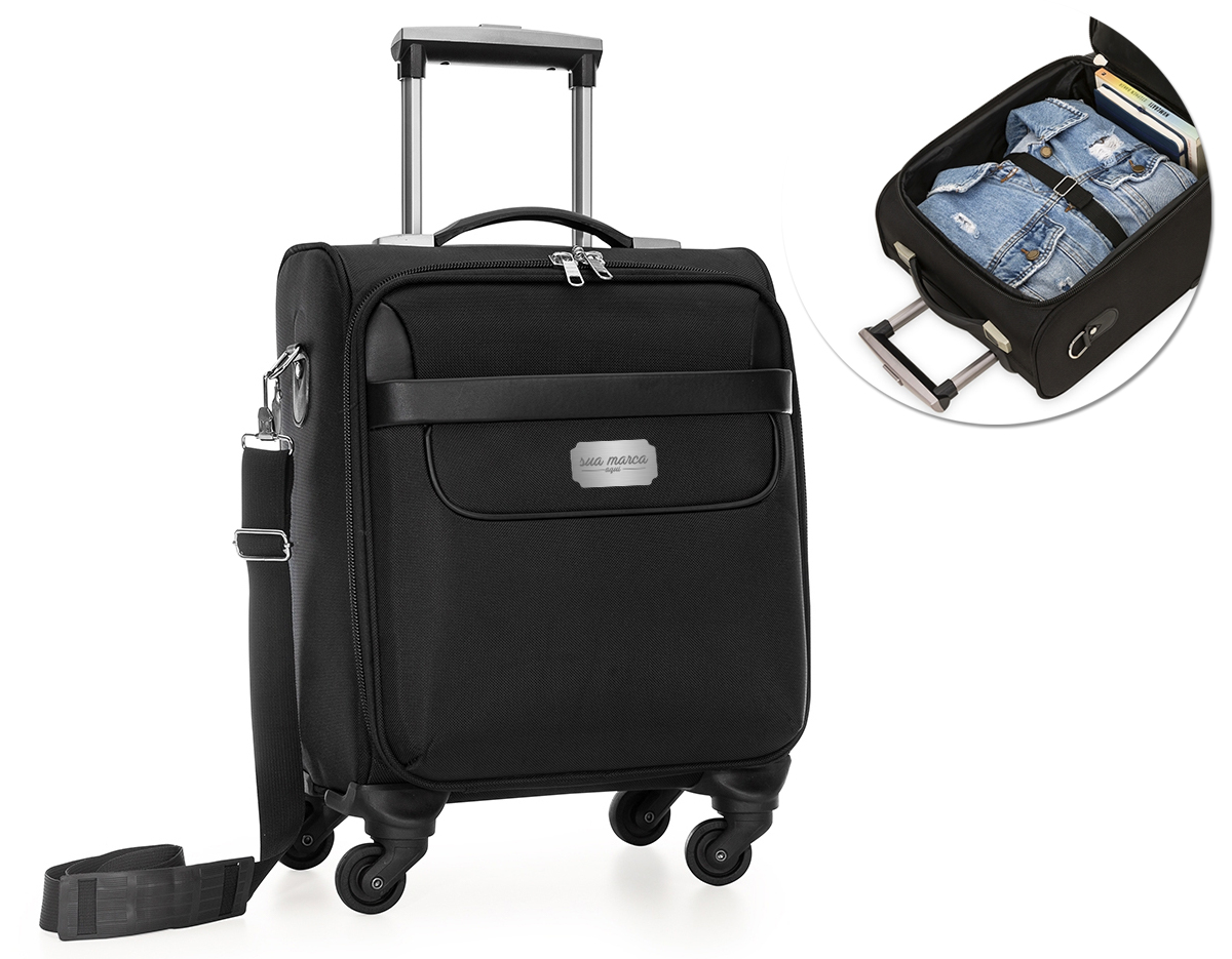 Mala de viagem com padrão para bagagem de mão, conforme especificações IATA (Associação Internacional de Transportes Aéreos). Confeccionada em nylon de alta qualidade, possui alça de mão emborrachada, puxador retrátil com botão acionador, sistema com 4 rodas multidirecionais, compartimento frontal de zíper com divisória para documentos e canetas e compartimento principal com bolso para notebook até 13.3 
