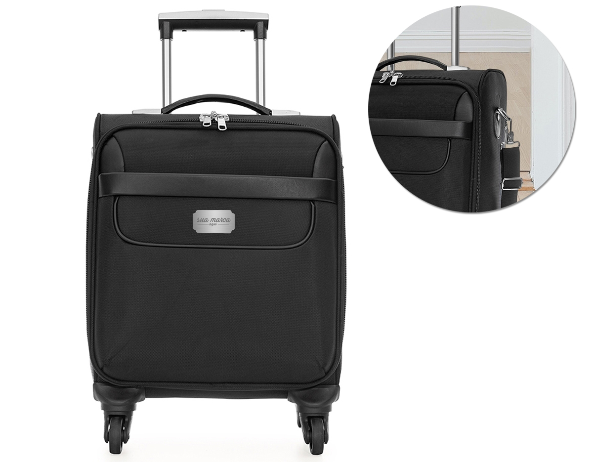 Mala de viagem com padrão para bagagem de mão, conforme especificações IATA (Associação Internacional de Transportes Aéreos). Confeccionada em nylon de alta qualidade, possui alça de mão emborrachada, puxador retrátil com botão acionador, sistema com 4 rodas multidirecionais, compartimento frontal de zíper com divisória para documentos e canetas e compartimento principal com bolso para notebook até 13.3 