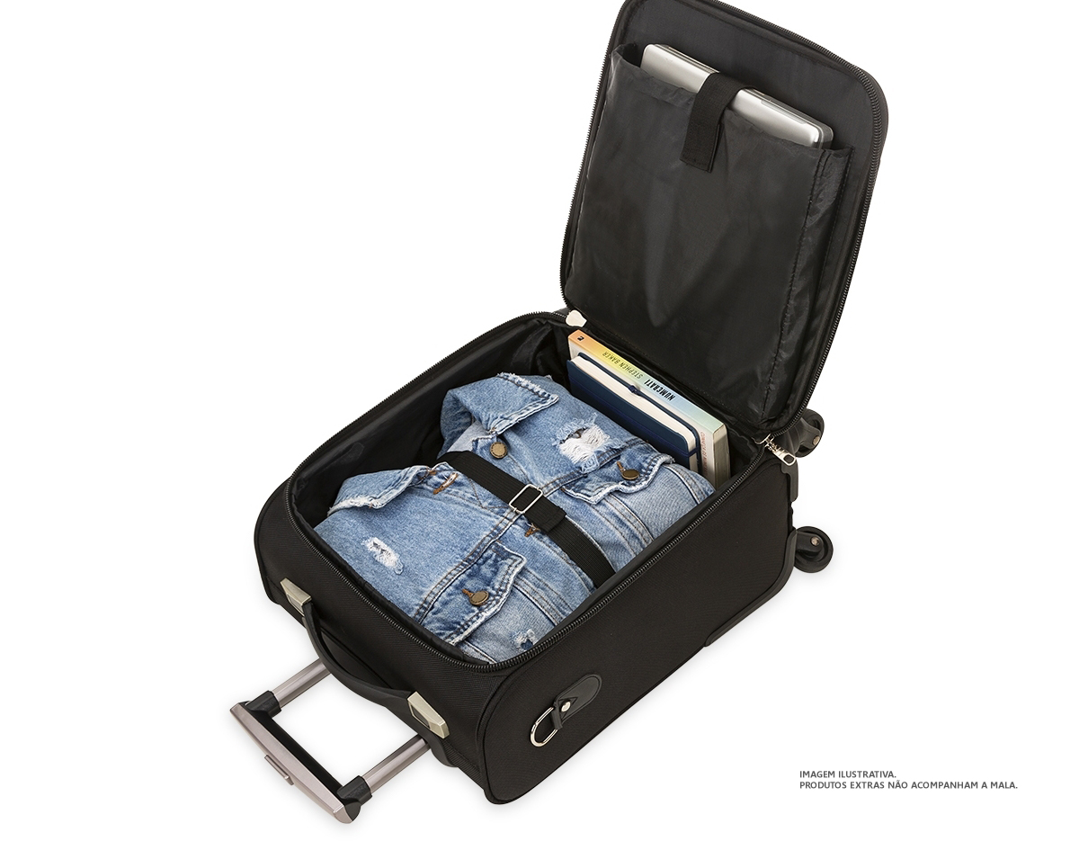 Mala de viagem com padrão para bagagem de mão, conforme especificações IATA (Associação Internacional de Transportes Aéreos). Confeccionada em nylon de alta qualidade, possui alça de mão emborrachada, puxador retrátil com botão acionador, sistema com 4 rodas multidirecionais, compartimento frontal de zíper com divisória para documentos e canetas e compartimento principal com bolso para notebook até 13.3 
