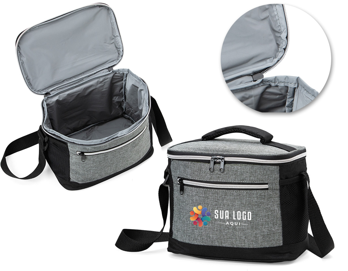 Bolsa térmica 10 litros com bolsos externos e alça de mão, contém bolso frontal com zíper, bolsos laterais telados e alça transversal regulável.