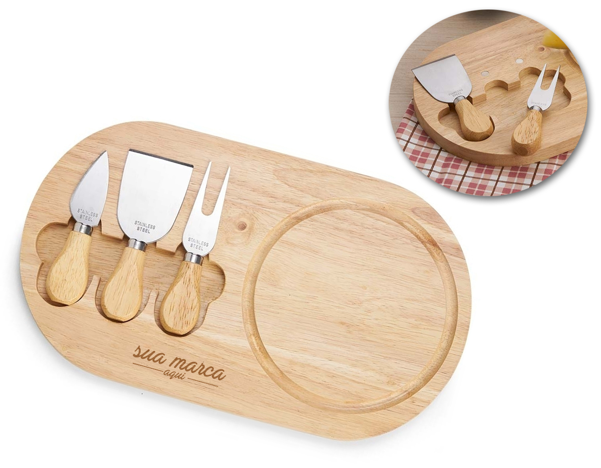 Kit queijo 4 peças, contém: tábua de bambu com canaleta, faca com ponta, garfo e espátula. Tábua com imã para encaixe e fixação dos utensílios.