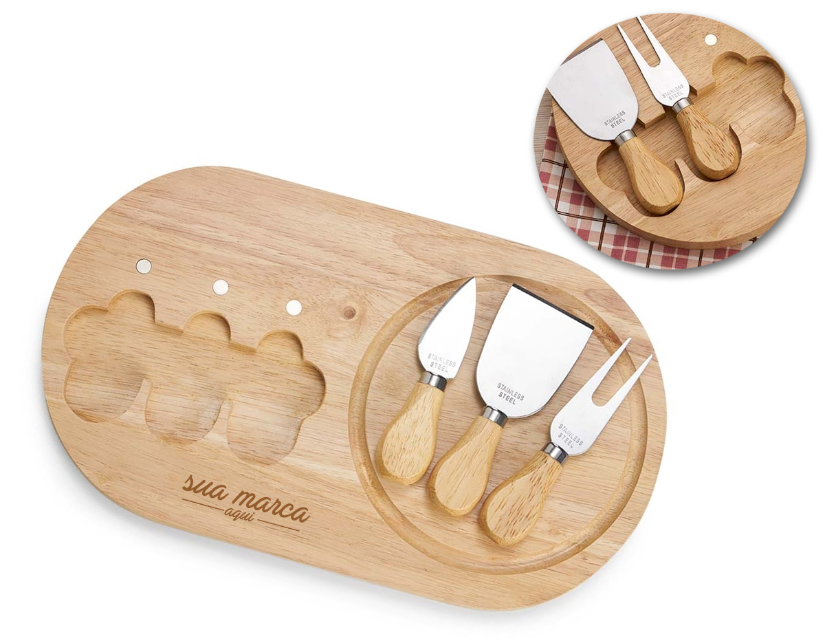 Kit queijo 4 peças, contém: tábua de bambu com canaleta, faca com ponta, garfo e espátula. Tábua com imã para encaixe e fixação dos utensílios.