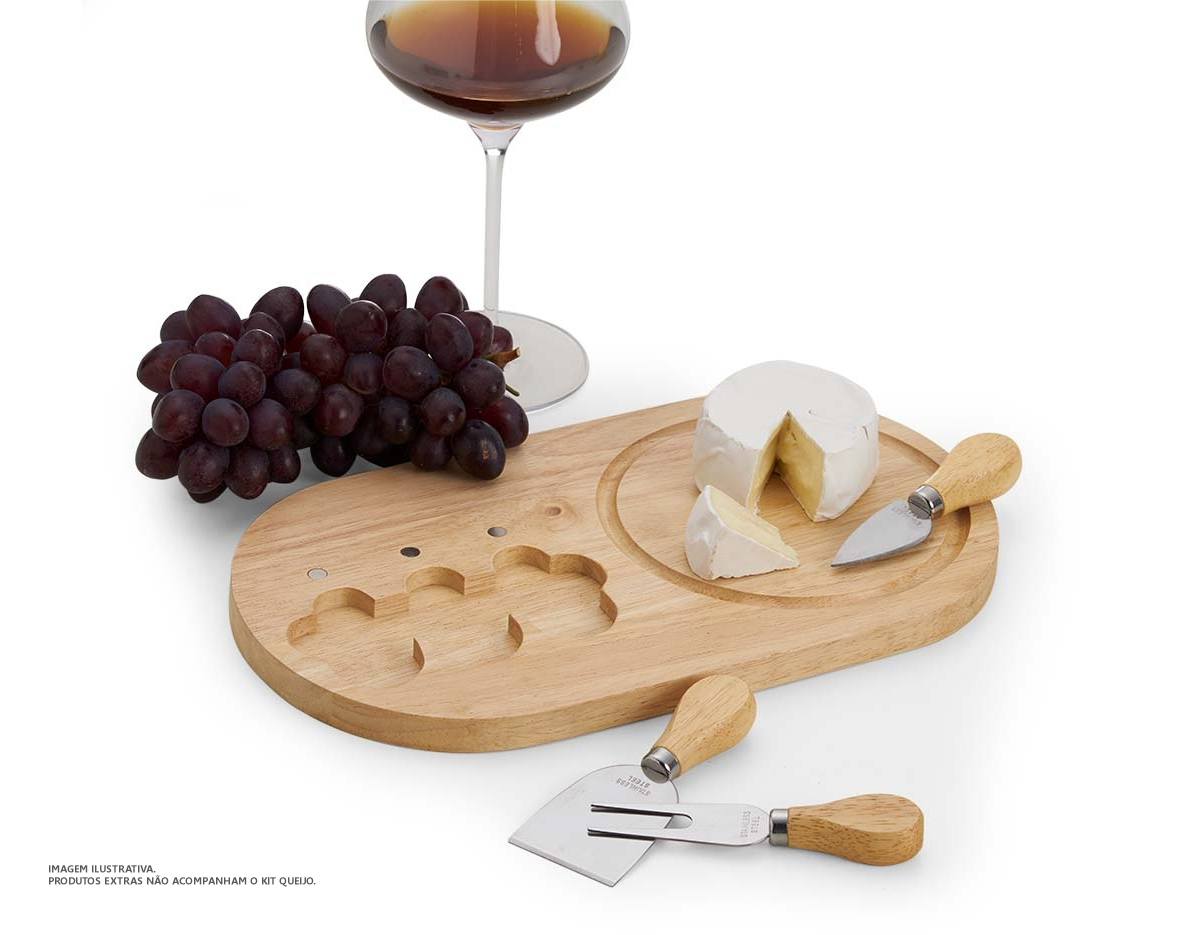 Kit queijo 4 peças, contém: tábua de bambu com canaleta, faca com ponta, garfo e espátula. Tábua com imã para encaixe e fixação dos utensílios.