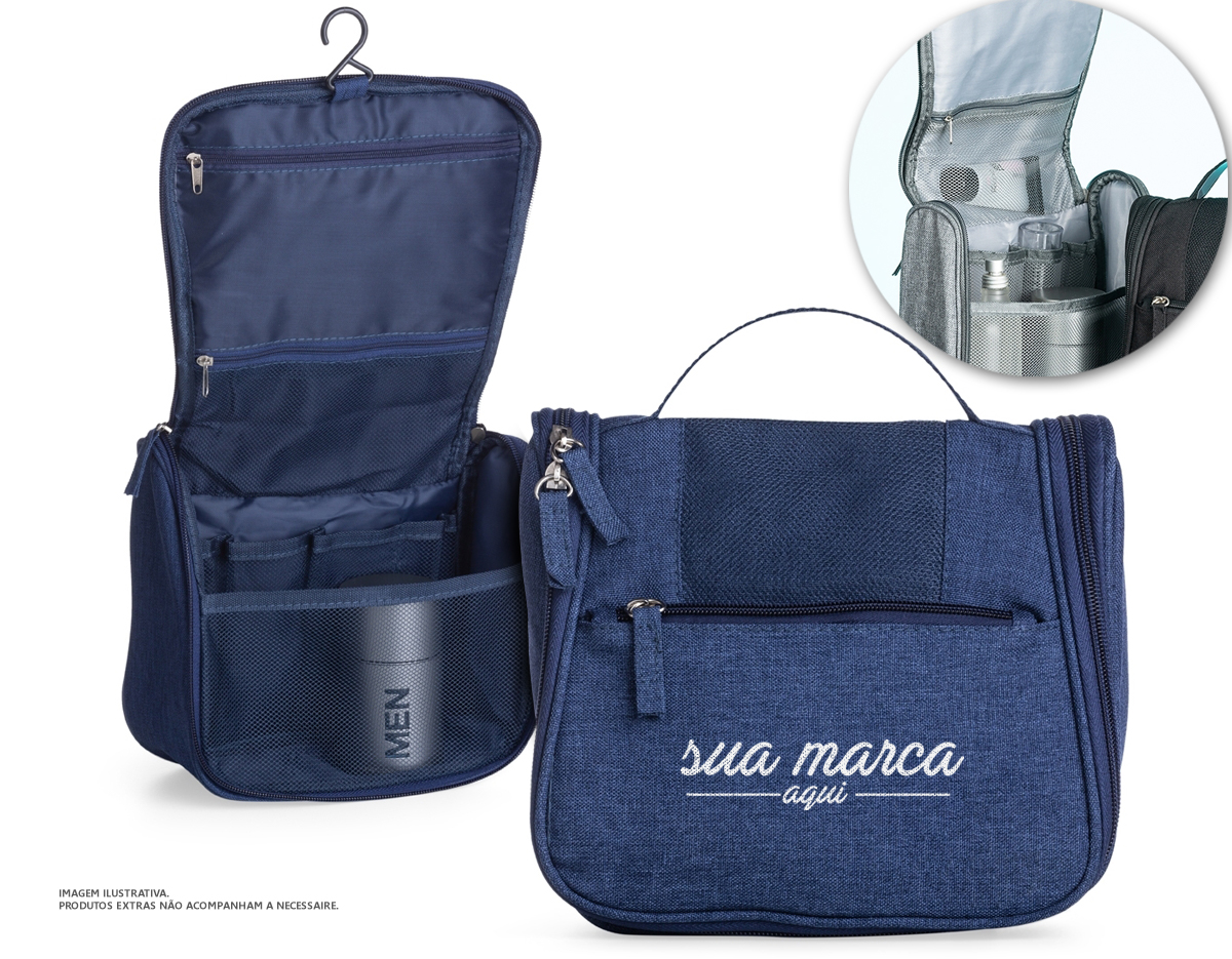 Necessaire organizadora em tecido sarja, possui bolso frontal e alça superior, parte interna com gancho plástico; bolso interno superior em nylon e bolso de tela ambos com zíper; bolso inferior aberto de tela com 4 divisões de bolsos também em tela. Perfeita para lhe acompanhar em viagens e até mesmo transportar seus itens pessoais do dia a dia com organização e praticidade.