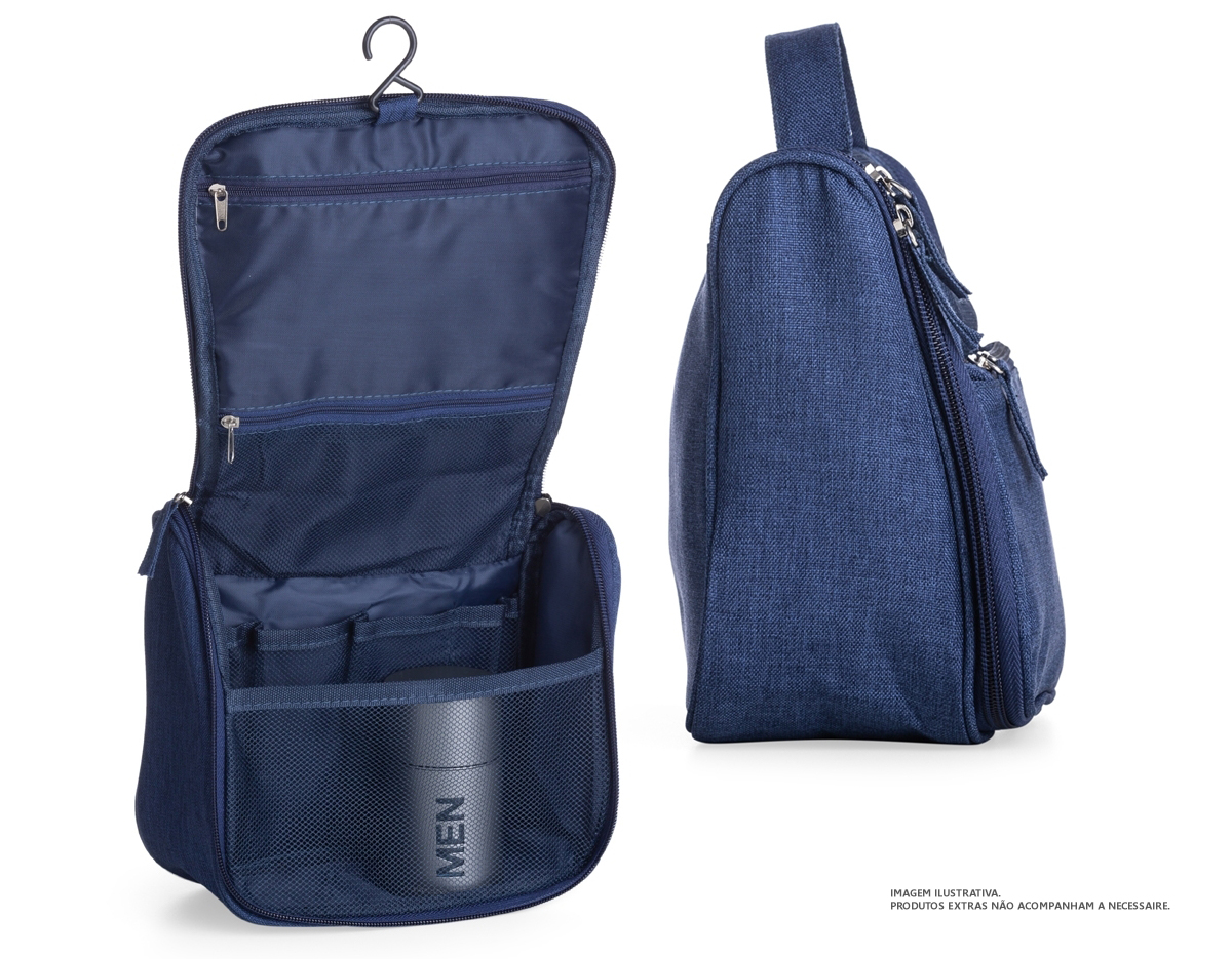 Necessaire organizadora em tecido sarja, possui bolso frontal e alça superior, parte interna com gancho plástico; bolso interno superior em nylon e bolso de tela ambos com zíper; bolso inferior aberto de tela com 4 divisões de bolsos também em tela. Perfeita para lhe acompanhar em viagens e até mesmo transportar seus itens pessoais do dia a dia com organização e praticidade.