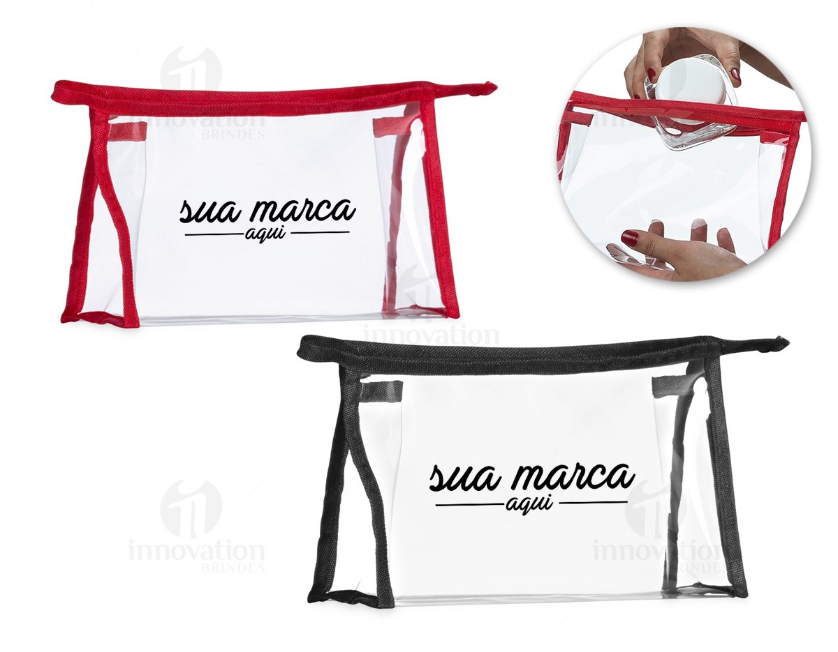 Necessaire plástica transparente com detalhe colorido em nylon.