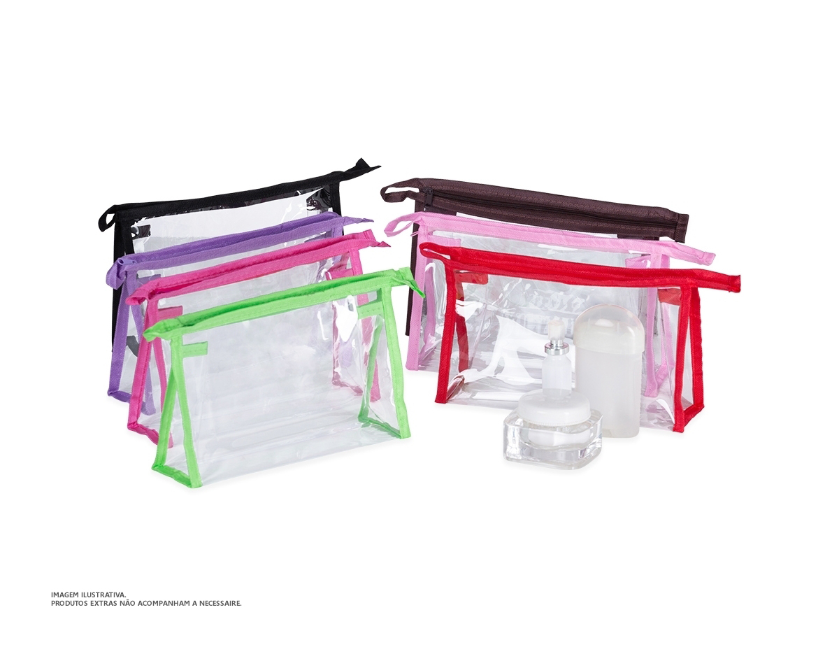 Necessaire plástica transparente com detalhe colorido em nylon.