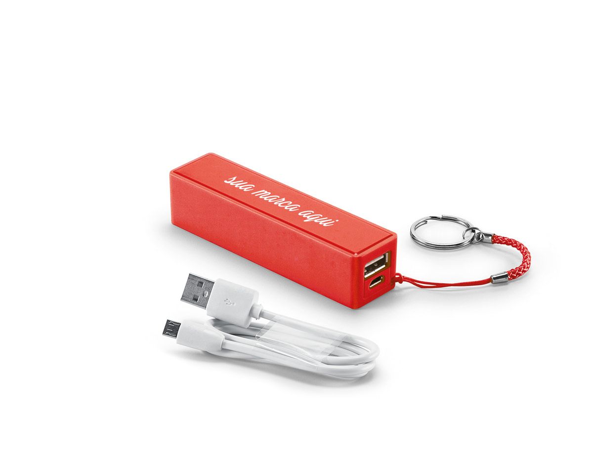Bateria portátil em ABS. Bateria de lítio com capacidade de 1.600 mAh, tempo de vida = 500 ciclos e com entrada/saída 5V/1A. Incluso cabo USB/micro USB para carregar a bateria