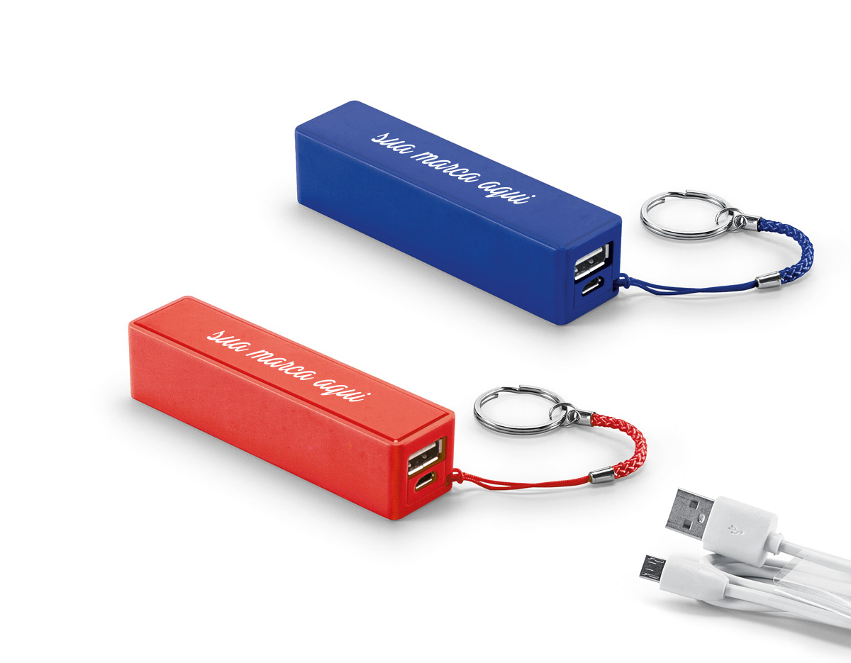 Bateria portátil em ABS. Bateria de lítio com capacidade de 1.600 mAh, tempo de vida = 500 ciclos e com entrada/saída 5V/1A. Incluso cabo USB/micro USB para carregar a bateria