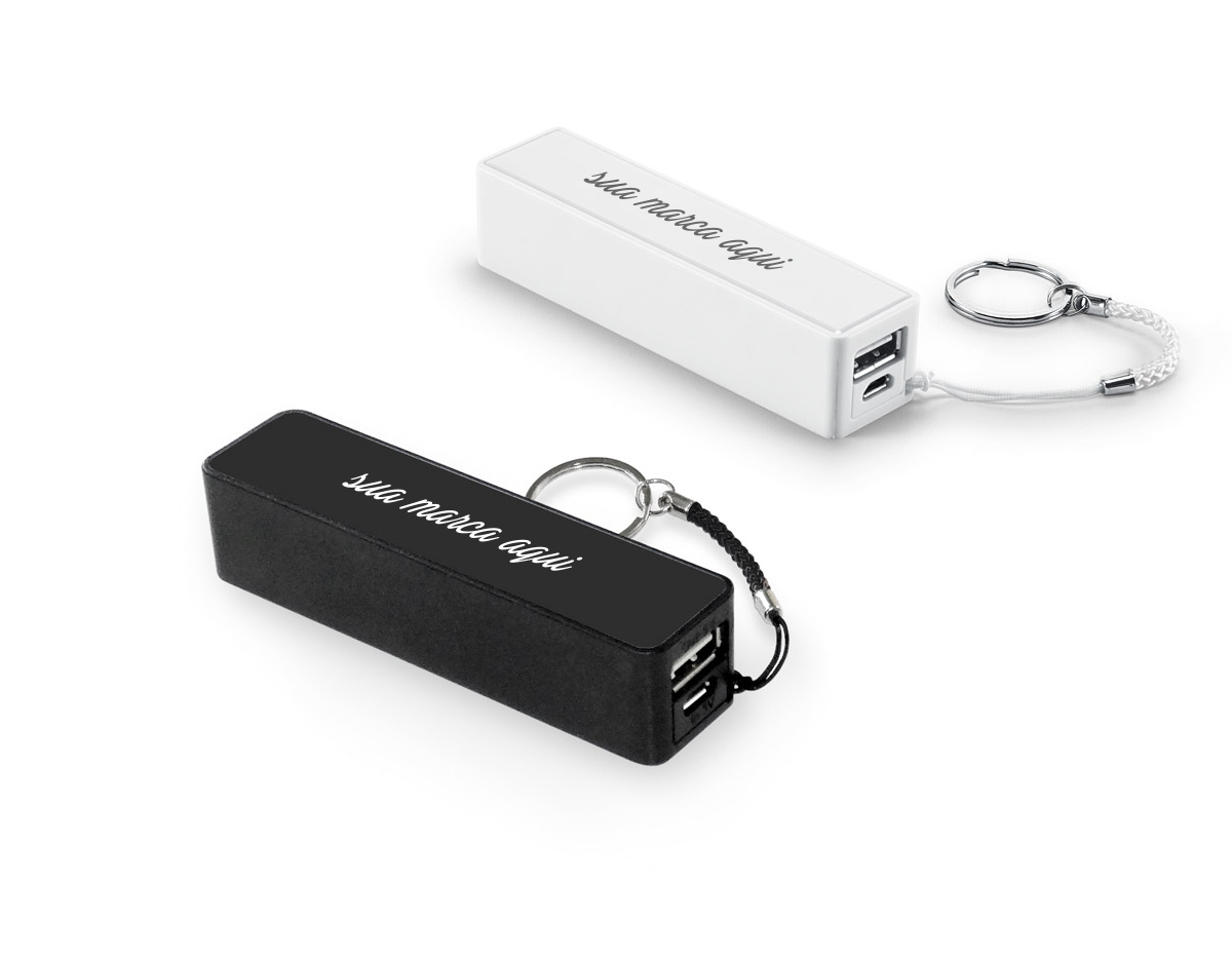 Bateria portátil em ABS. Bateria de lítio com capacidade de 1.600 mAh, tempo de vida = 500 ciclos e com entrada/saída 5V/1A. Incluso cabo USB/micro USB para carregar a bateria