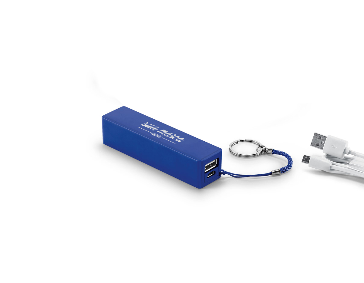 Bateria portátil em ABS. Bateria de lítio com capacidade de 1.000 mAh, tempo de vida = 500 ciclos e com entrada/saída 5V/1A. Incluso cabo USB/micro USB para carregar a bateria