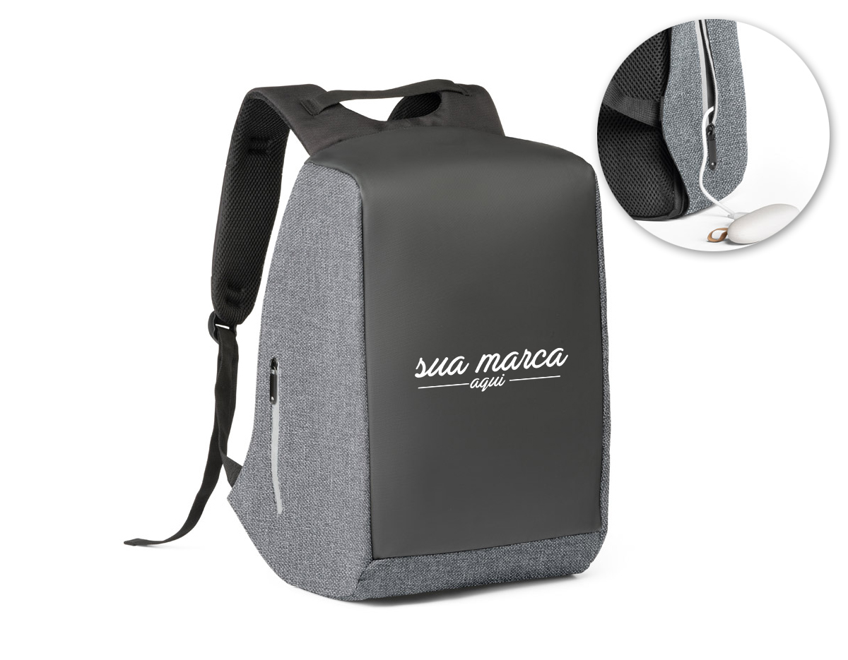 Mochila para notebook em 900D de alta densidade e tarpaulin. Sistema antirroubo: compartimento principal com zíper oculto e parte posterior com 2 bolsos ocultos com zíper, para maior segurança. Compartimento principal forrado e almofadado, com 2 divisórias almofadadas para notebook até 15.6'' e tablet 10.5''.