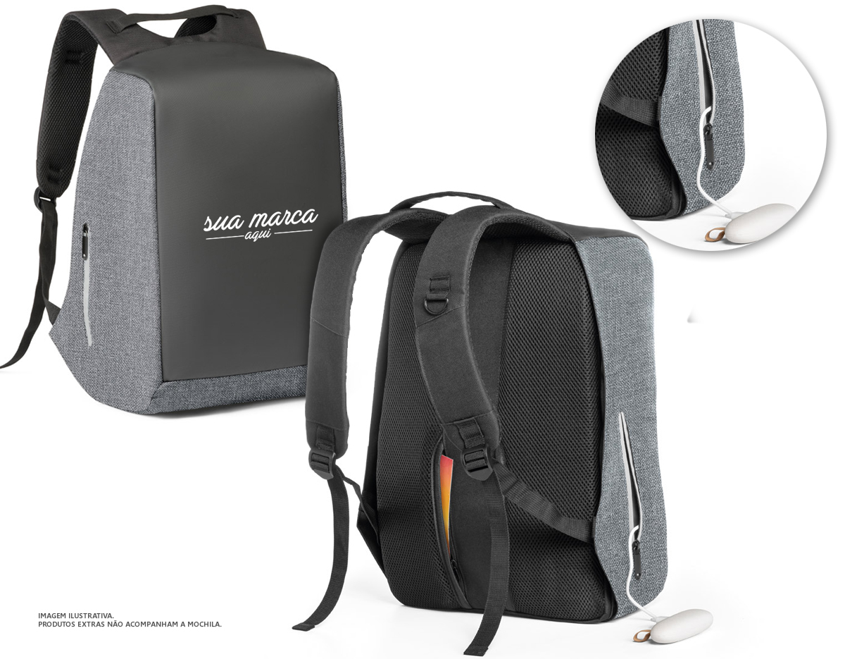Mochila para notebook em 900D de alta densidade e tarpaulin. Sistema antirroubo: compartimento principal com zíper oculto e parte posterior com 2 bolsos ocultos com zíper, para maior segurança. Compartimento principal forrado e almofadado, com 2 divisórias almofadadas para notebook até 15.6'' e tablet 10.5''.
