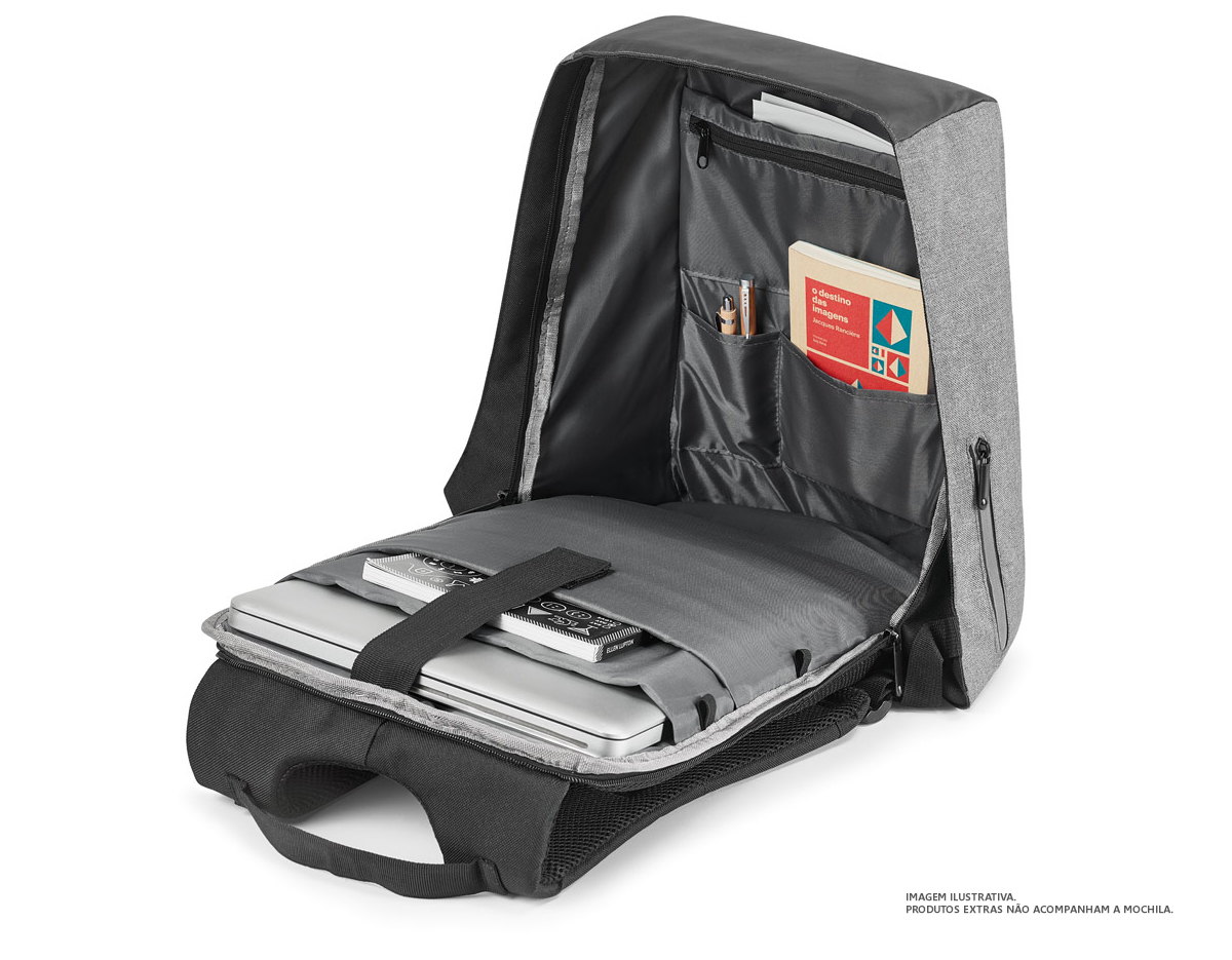 Mochila para notebook em 900D de alta densidade e tarpaulin. Sistema antirroubo: compartimento principal com zíper oculto e parte posterior com 2 bolsos ocultos com zíper, para maior segurança. Compartimento principal forrado e almofadado, com 2 divisórias almofadadas para notebook até 15.6'' e tablet 10.5''.