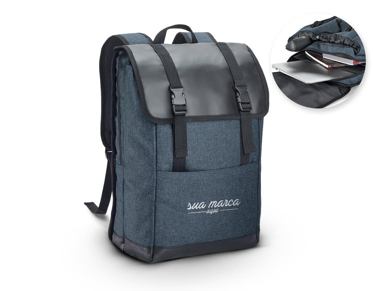 Mochila para notebook em 600D de alta densidade e tarpaulin com 2 compartimentos. Compartimento posterior forrado, com diversos bolsos interiores e 2 divisórias almofadadas para notebook até 17'' e tablet 10.5''. Compartimento frontal forrado