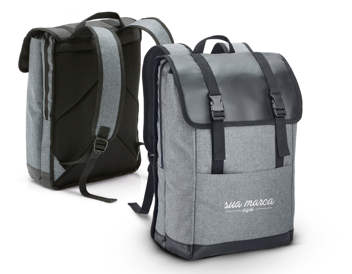 Mochila para notebook em 600D de alta densidade e tarpaulin com 2 compartimentos. Compartimento posterior forrado, com diversos bolsos interiores e 2 divisórias almofadadas para notebook até 17'' e tablet 10.5''. Compartimento frontal forrado