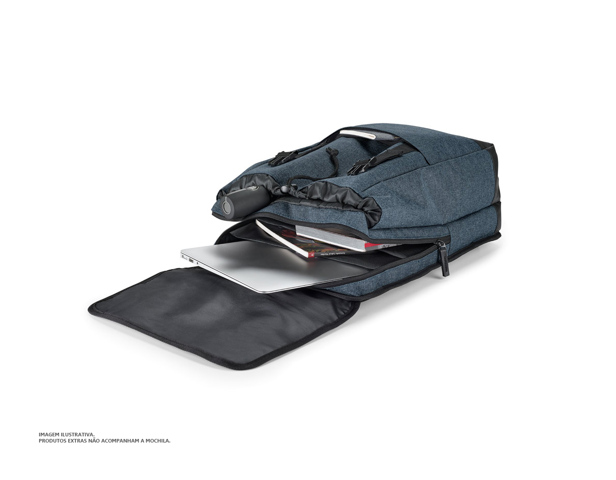 Mochila para notebook em 600D de alta densidade e tarpaulin com 2 compartimentos. Compartimento posterior forrado, com diversos bolsos interiores e 2 divisórias almofadadas para notebook até 17'' e tablet 10.5''. Compartimento frontal forrado