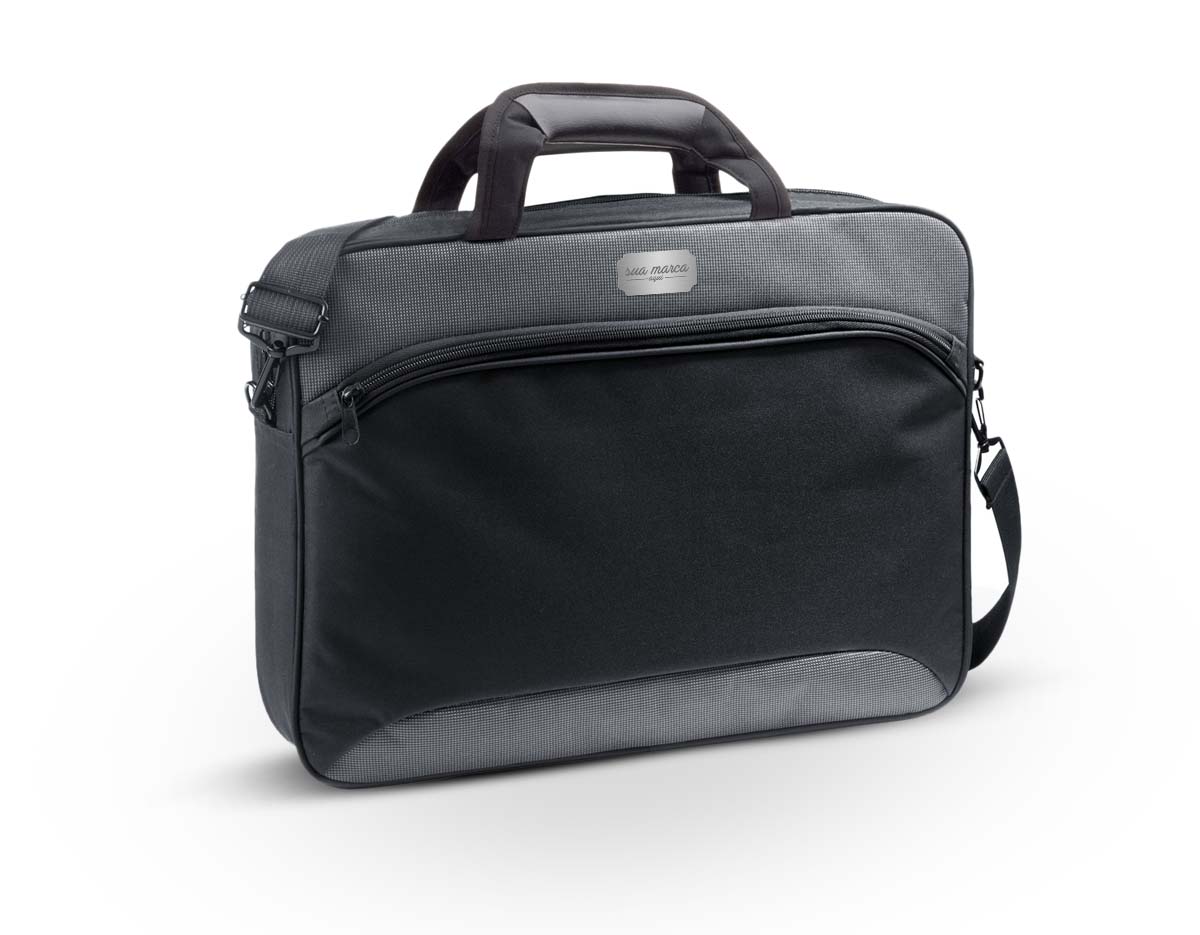 Pasta para notebook em 600D 2Tone e 300D com compartimento forrado e divisória almofadada para notebbok até 15.6''. A pasta tem bolso frontal com diversos compartimentos interiores.
