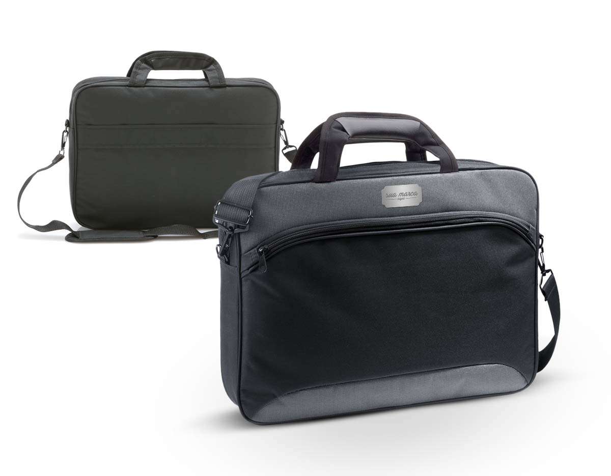 Pasta para notebook em 600D 2Tone e 300D com compartimento forrado e divisória almofadada para notebbok até 15.6''. A pasta tem bolso frontal com diversos compartimentos interiores.
